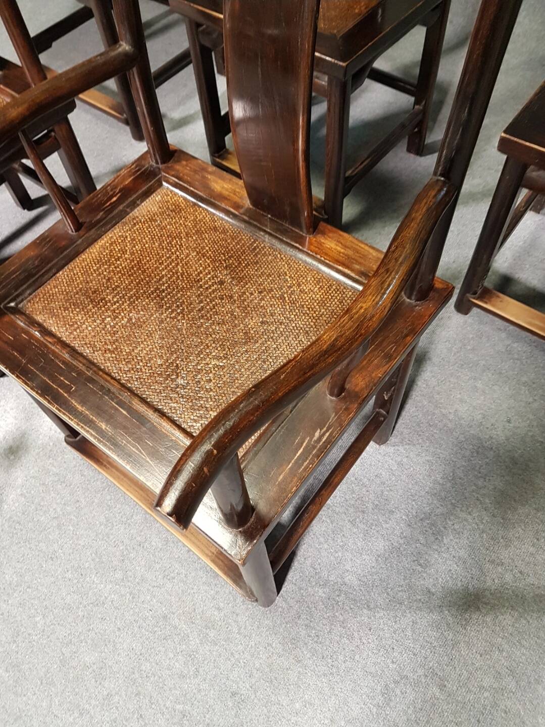 6 Vintage Oriental Asian Chinese Brown Tallback Yokeback Side Chairs. 2 x armchair / 4 x without a