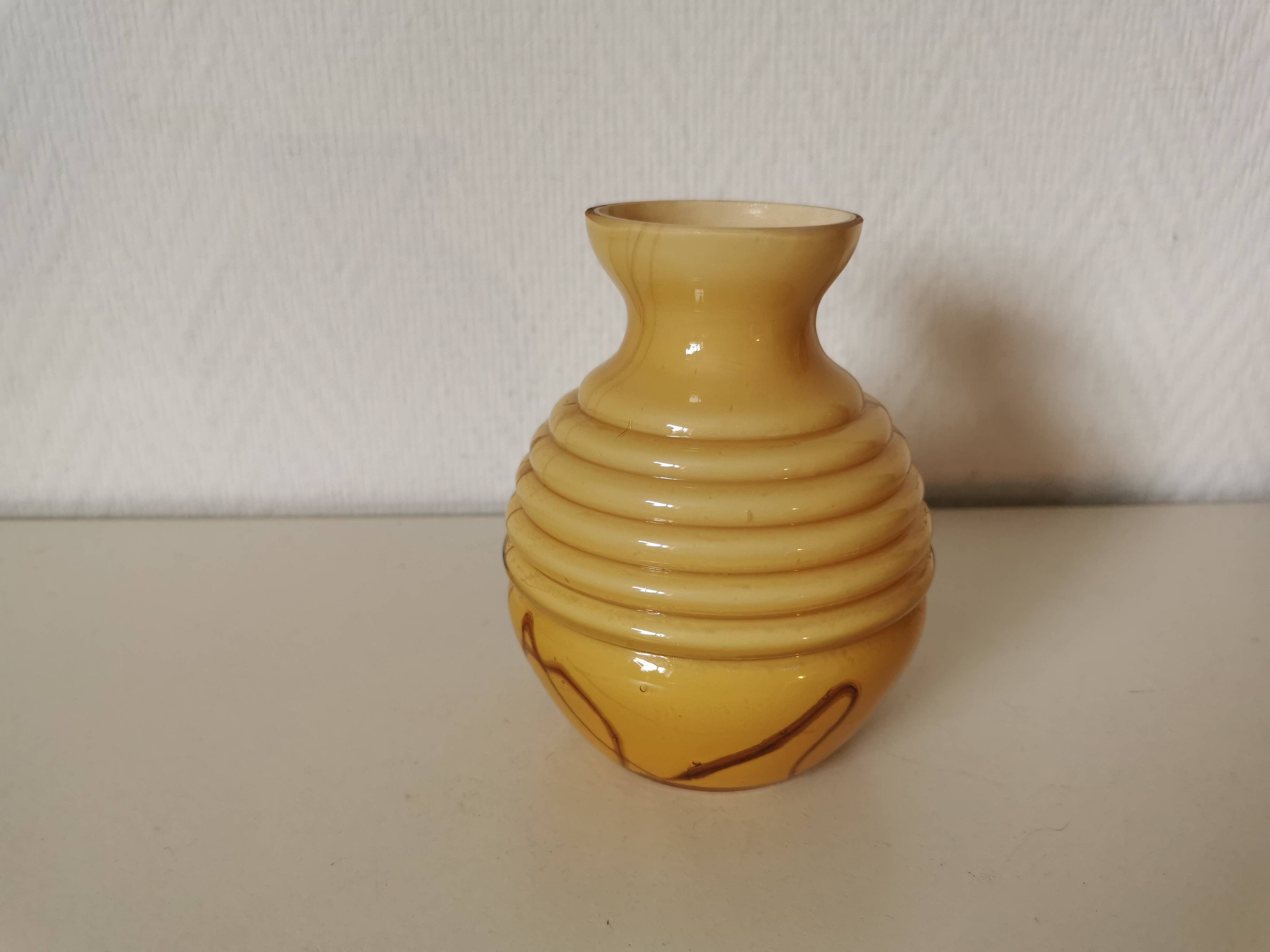 yellow and beige opaline vase from the 1950s