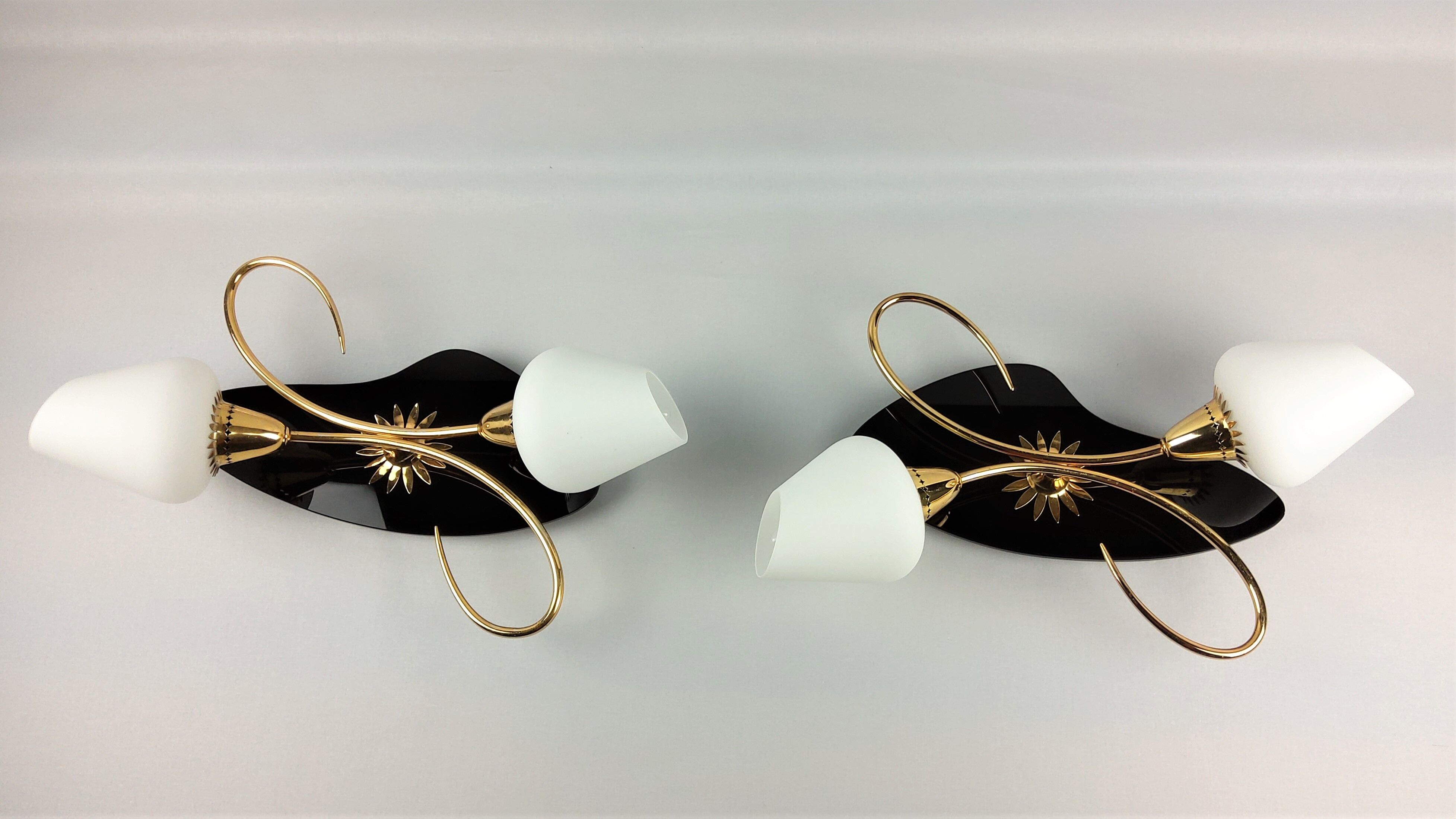 Arlus black and brass opaline sconces 1960