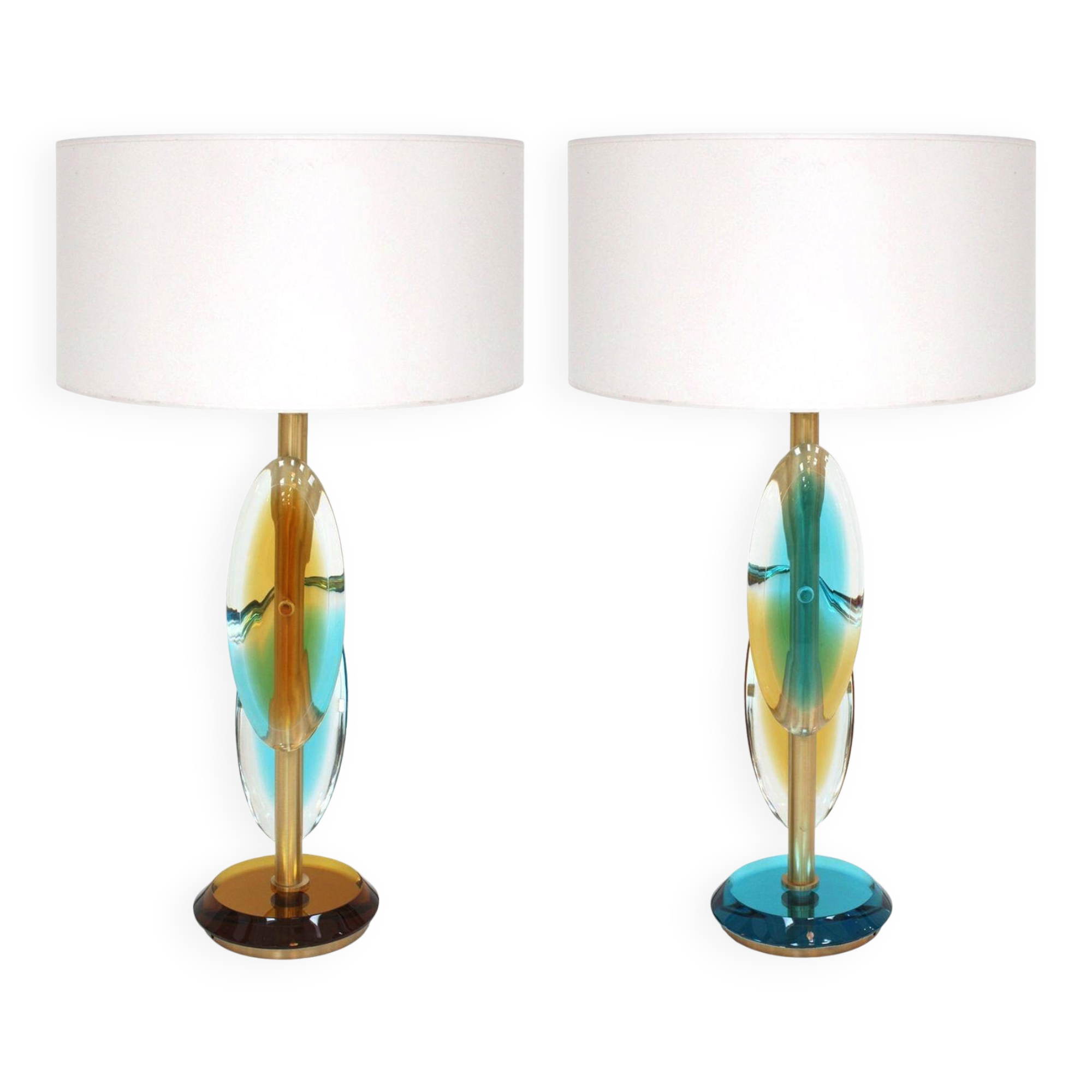 Pair of contemporary Murano glass lamps with a brass structure, made in Italy.