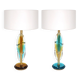 Pair of contemporary Murano glass lamps with a brass structure, made in Italy.