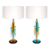 Pair of Contemporary Murano Glass Lamps with a Brass Structure, made in Ita