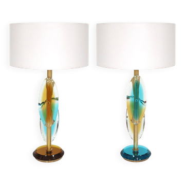 Pair of contemporary Murano glass lamps with a brass structure, made in Italy.