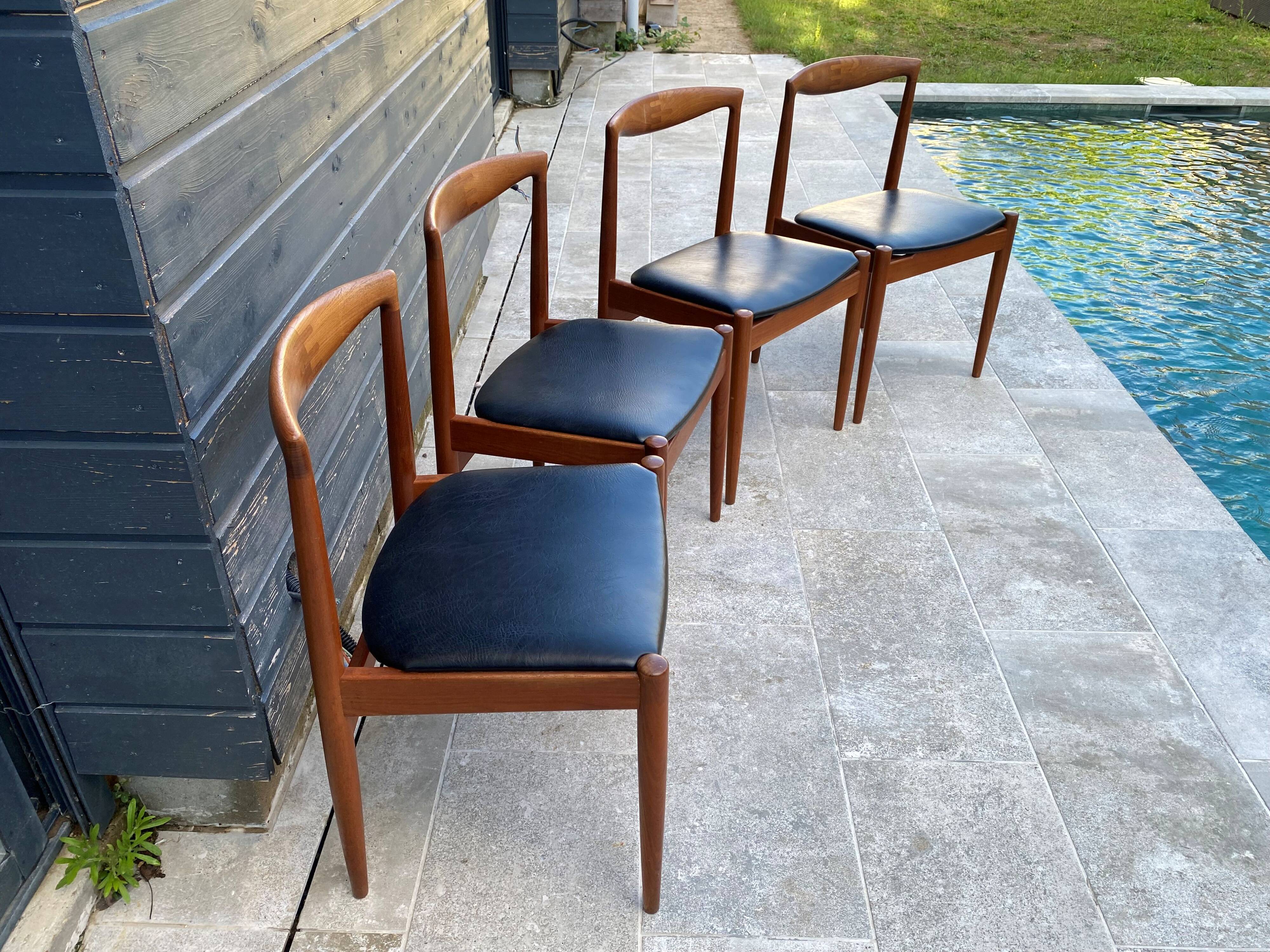 Set of 4 Scandinavian chairs by Johannes Andersen, Vamo Sonderborg, teak and imitation leather, 1960