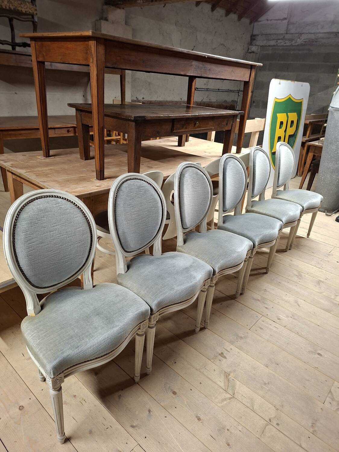 Set of 6 Louis XVI style patinated medallion chairs.