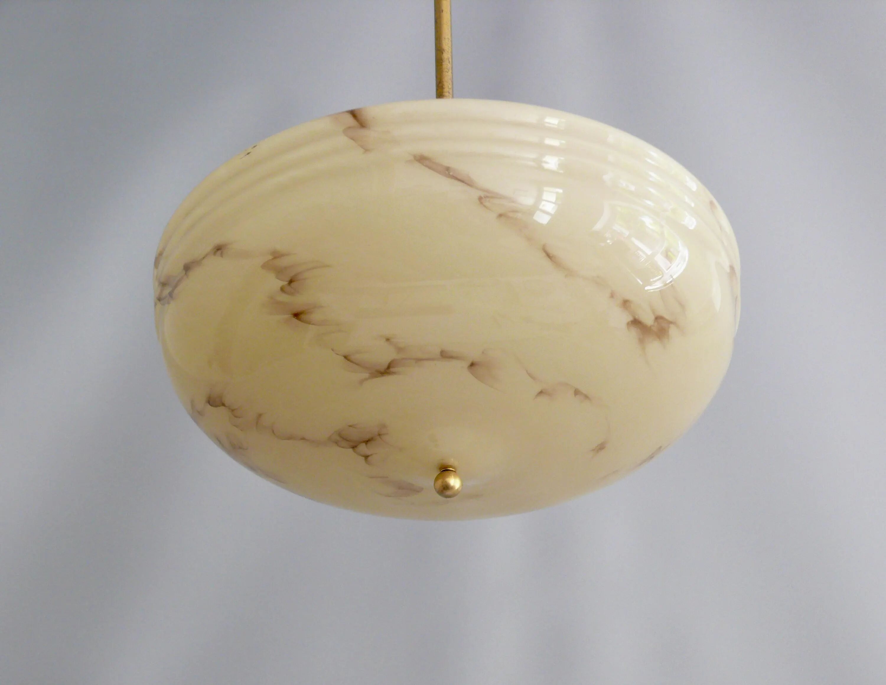 Art Deco Pendant Lamp, Beige Marble, Brass Suspension - 1930s