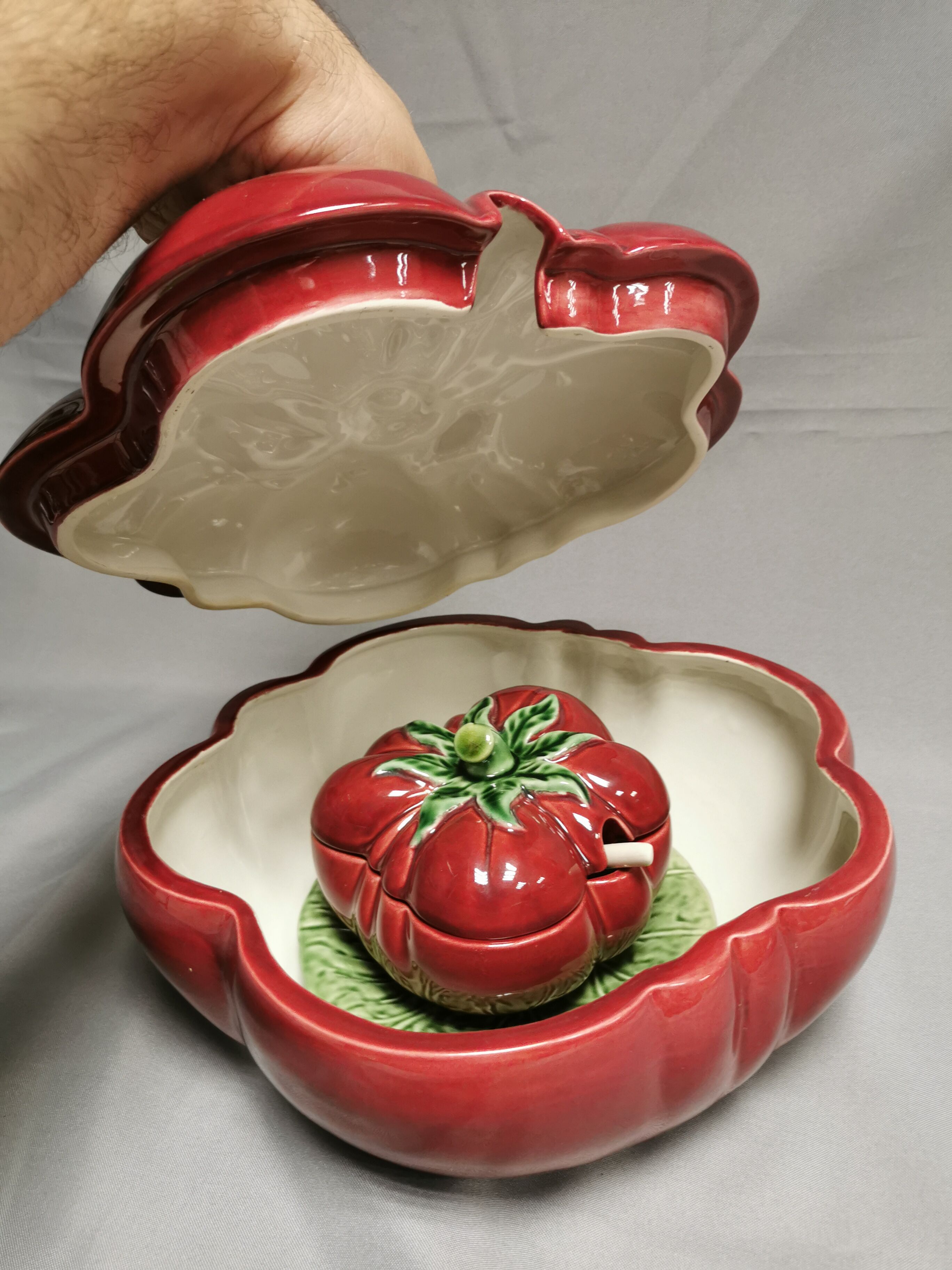 Vintage soup tureen + Trompe l'oeil sauce boat, majolica tomato shape