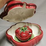 Vintage soup tureen + Trompe l'oeil sauce boat, majolica tomato shape