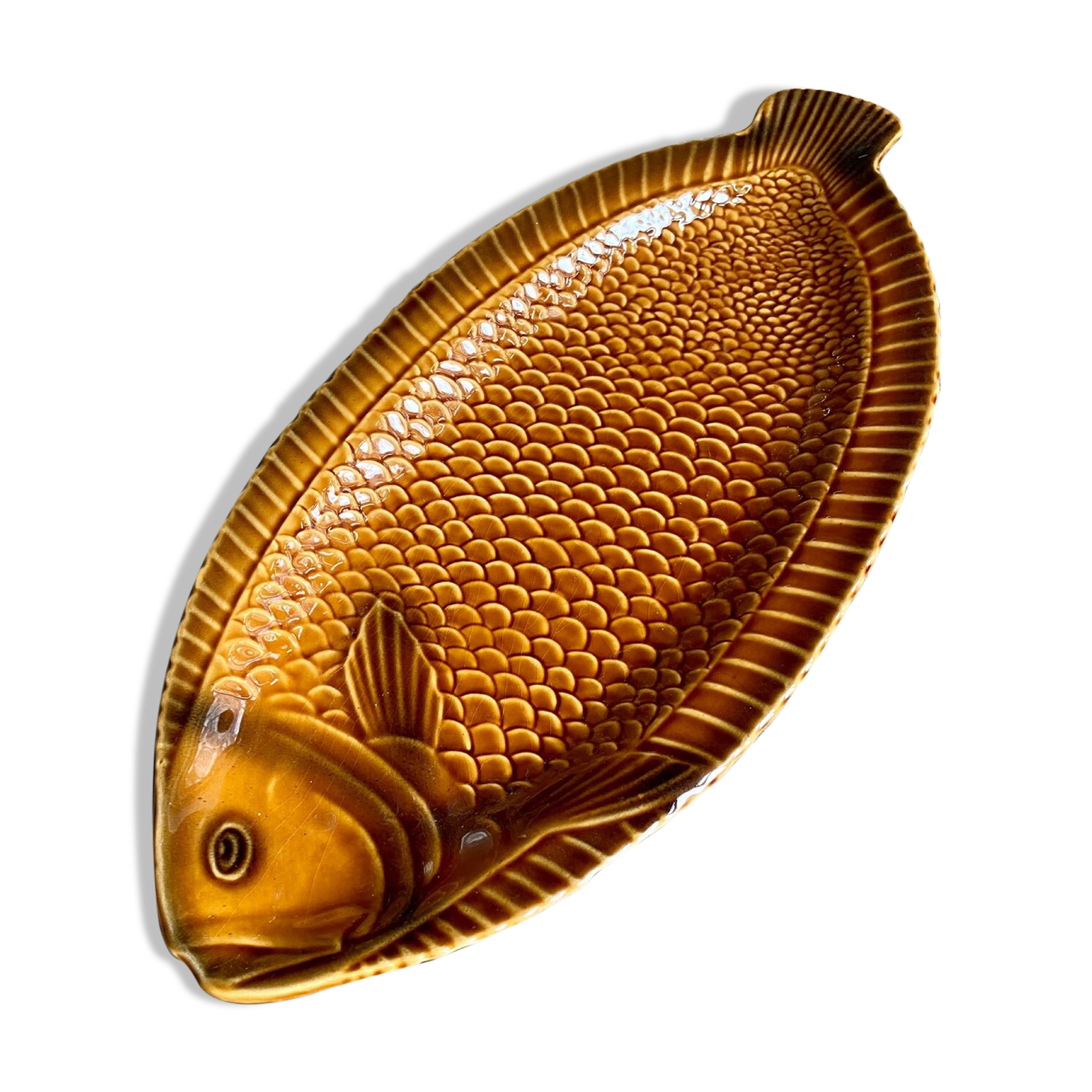 Sarreguemines fish dish in ochre glazed earthenware