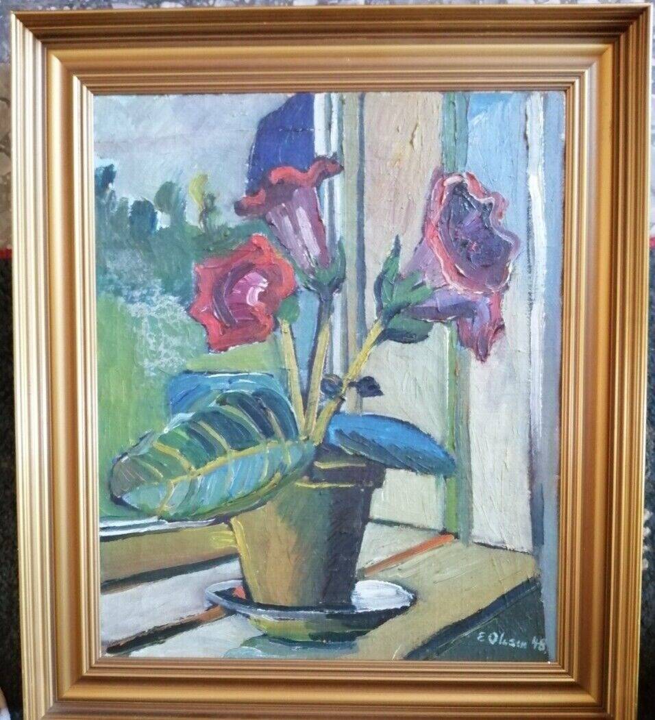 Vintage 20th Century Impressionist Still Life Oil Painting of a Vase of Flowers