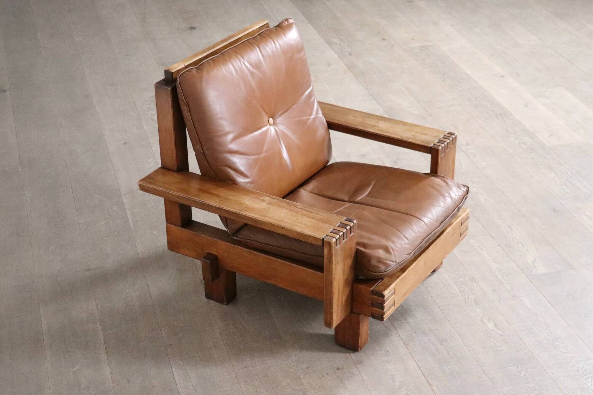 Midcentury Modern Brutalist Lounge Chair In Oak And Leather, Italy 1970s