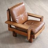 Midcentury Modern Brutalist Lounge Chair In Oak And Leather, Italy 1970s