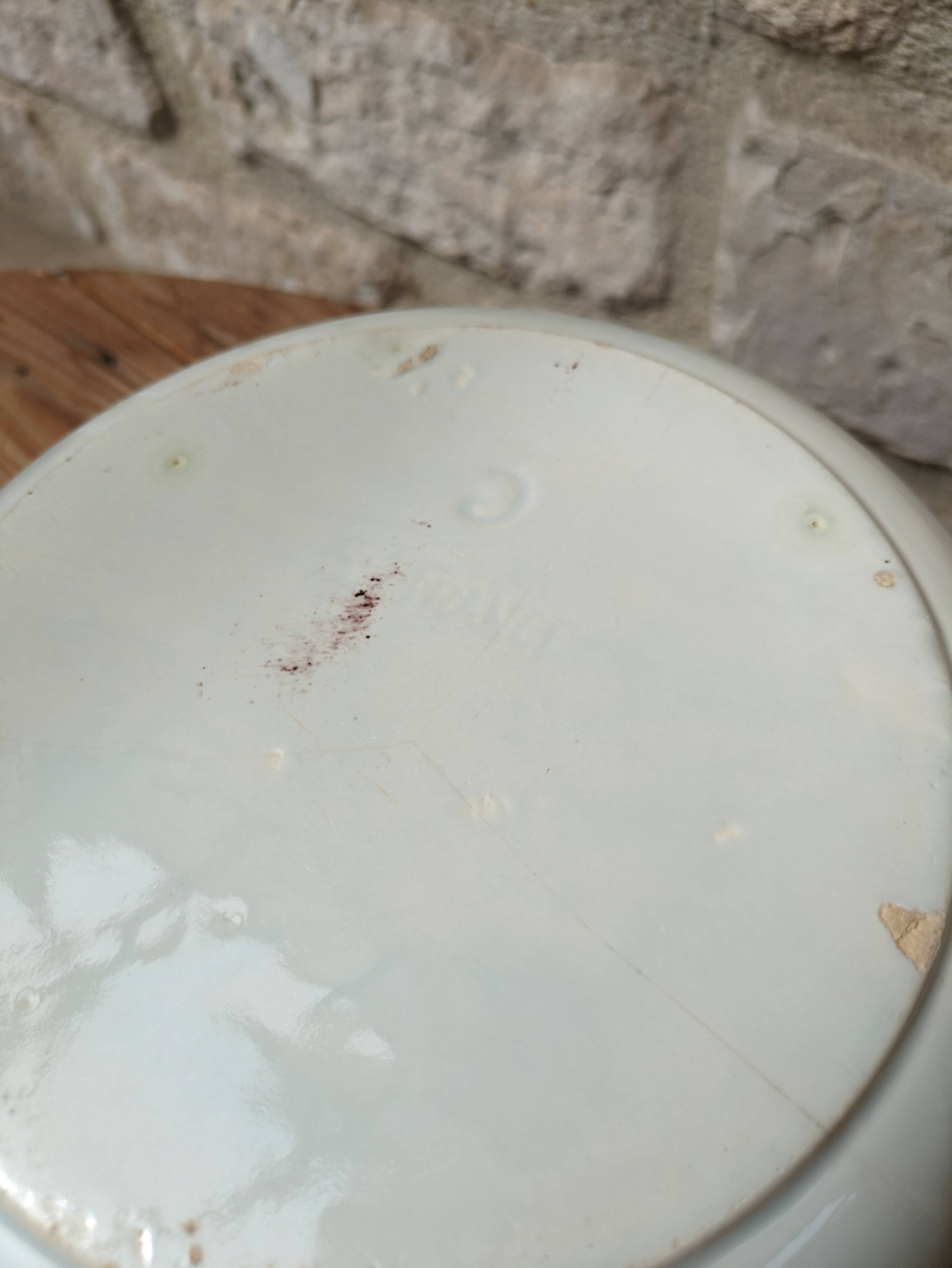 Old hollow serving dish with Saint Clément rooster motif France