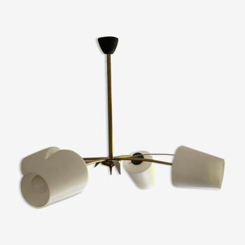 Arlus vintage chandelier 4 lamps in brass and black lacquered metal and opaline globes