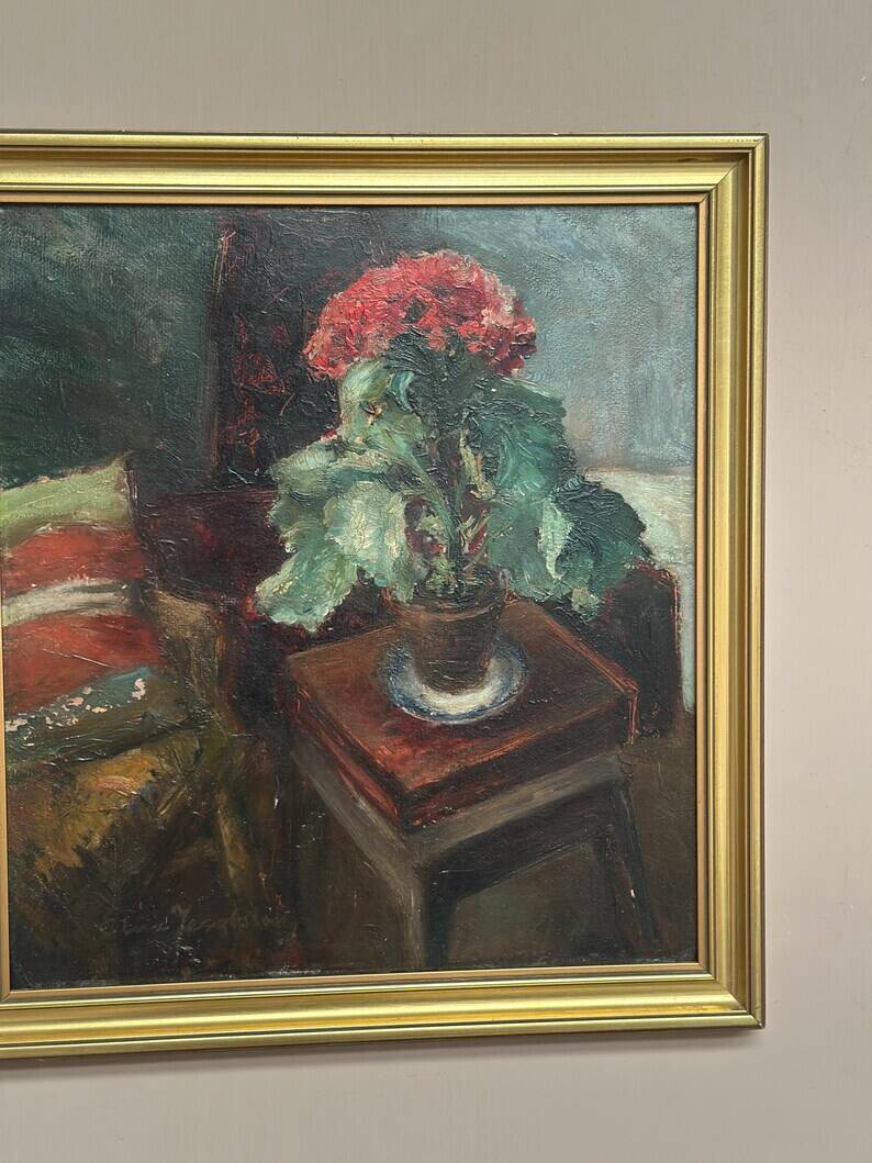 Original Swedish Oil on Panel - "Cineraria i Kruka" by Elna Jacobsson - Signed - Vintage and Framed - 48 × 43.5 cm (18.9" × 17.1")