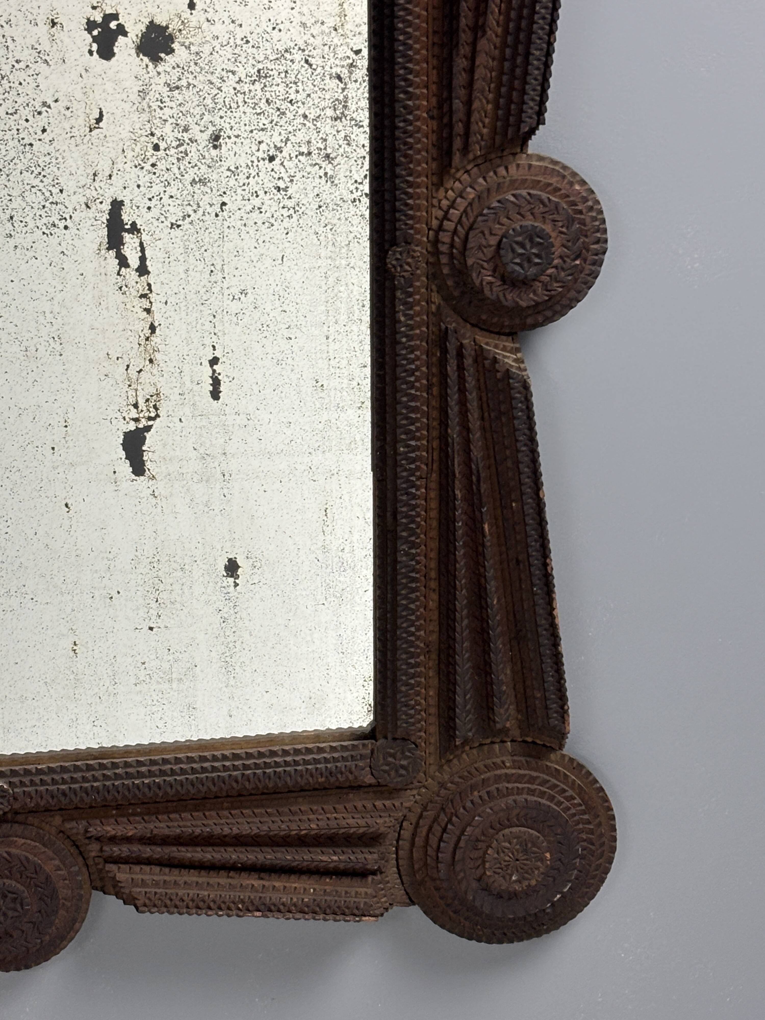 Antique tramp art folk art distressed mirror, Austria ca 1900s