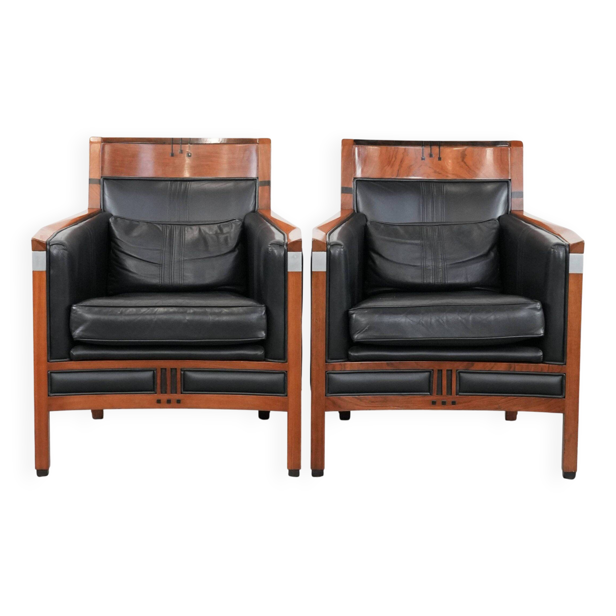 Set of  two black leather Art Deco design armchairs