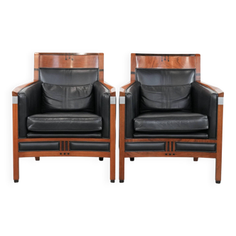 Set of  two black leather Art Deco design armchairs