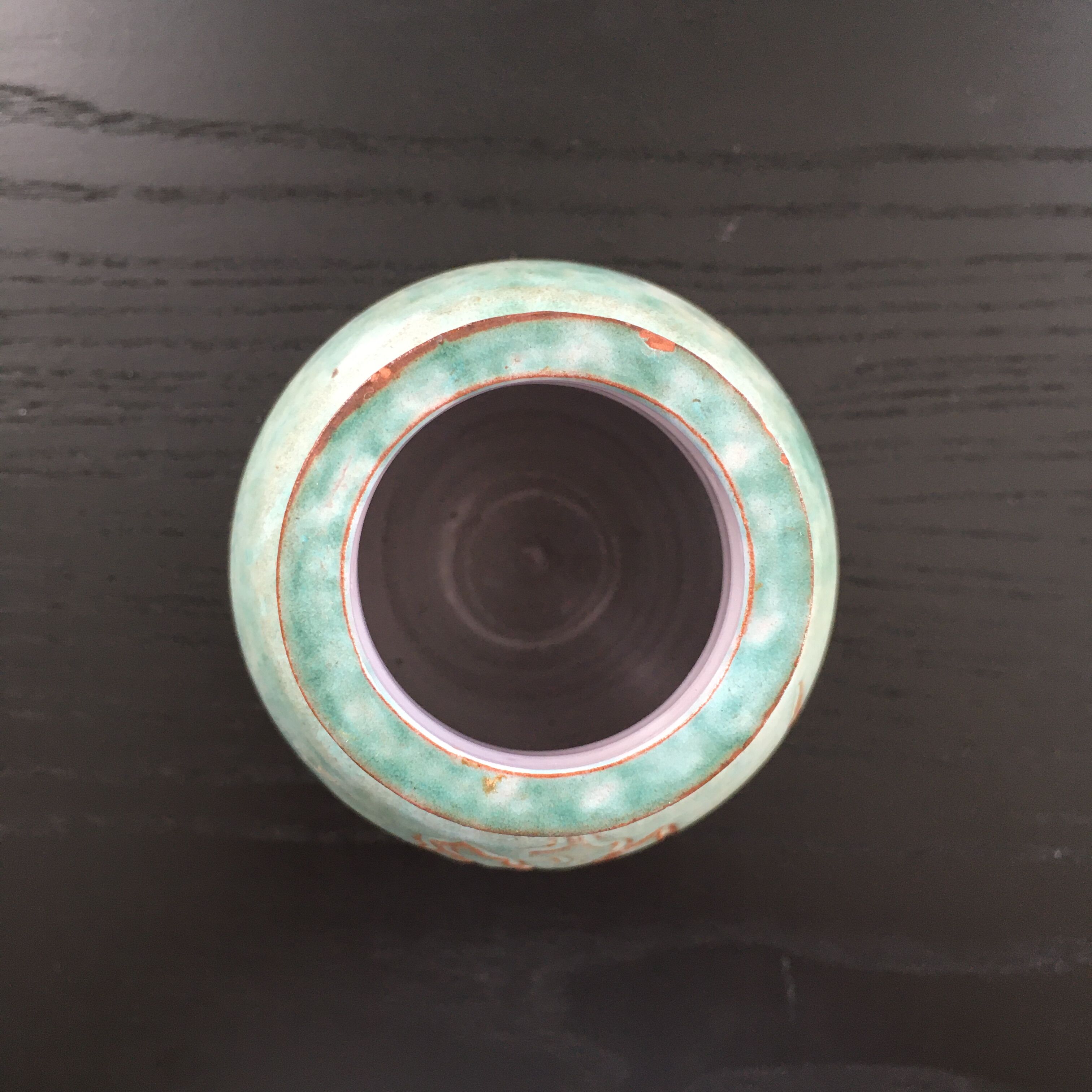 Turquoise vase with iris decoration