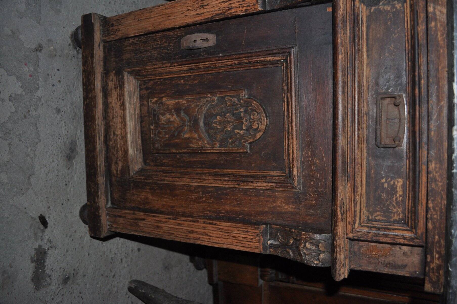 Antique brown marble bedside table with drawer and door, Germany 1890s.