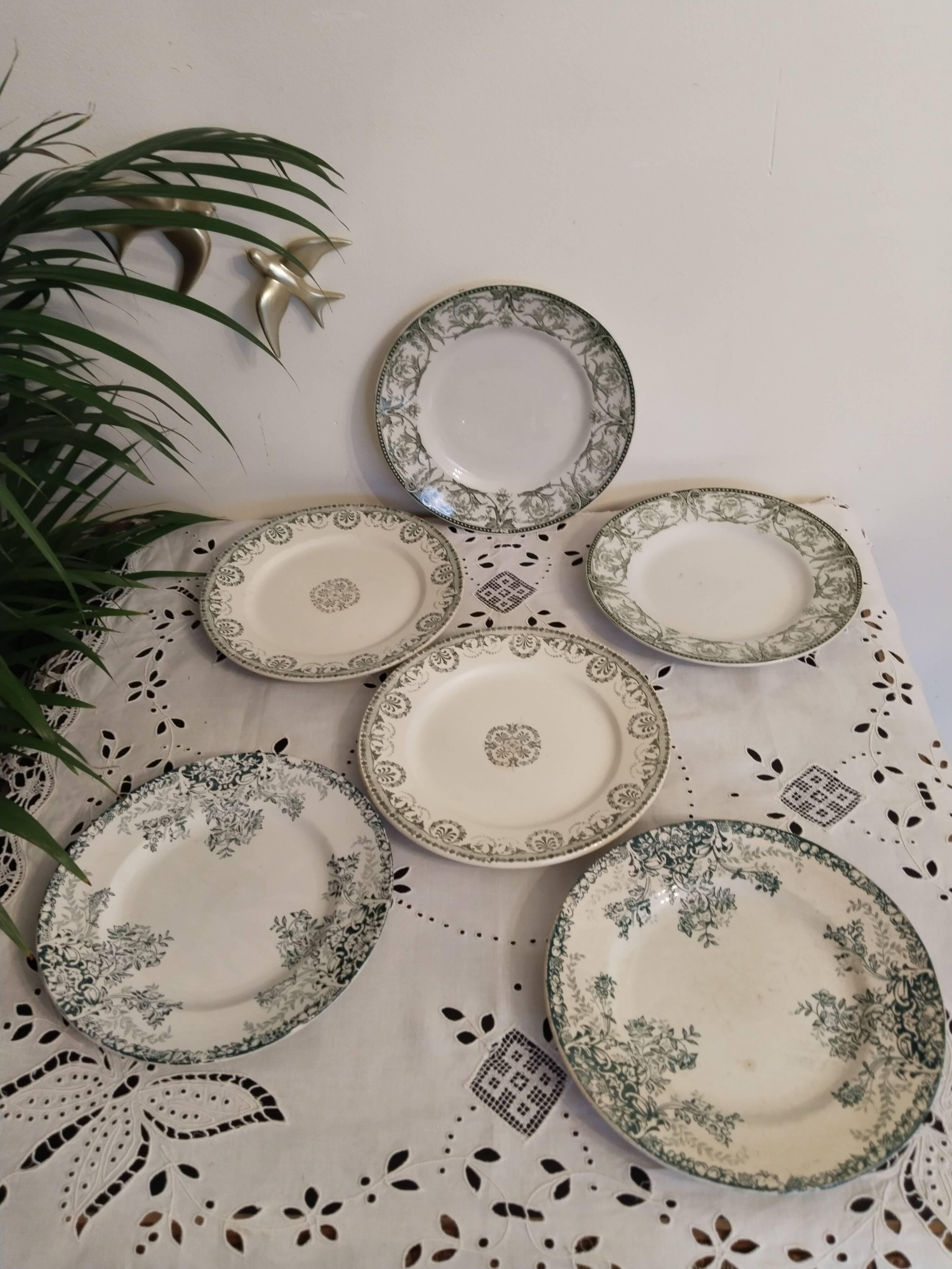 Set of 6 dinner plates in Terre de fer earthenware, blue green color