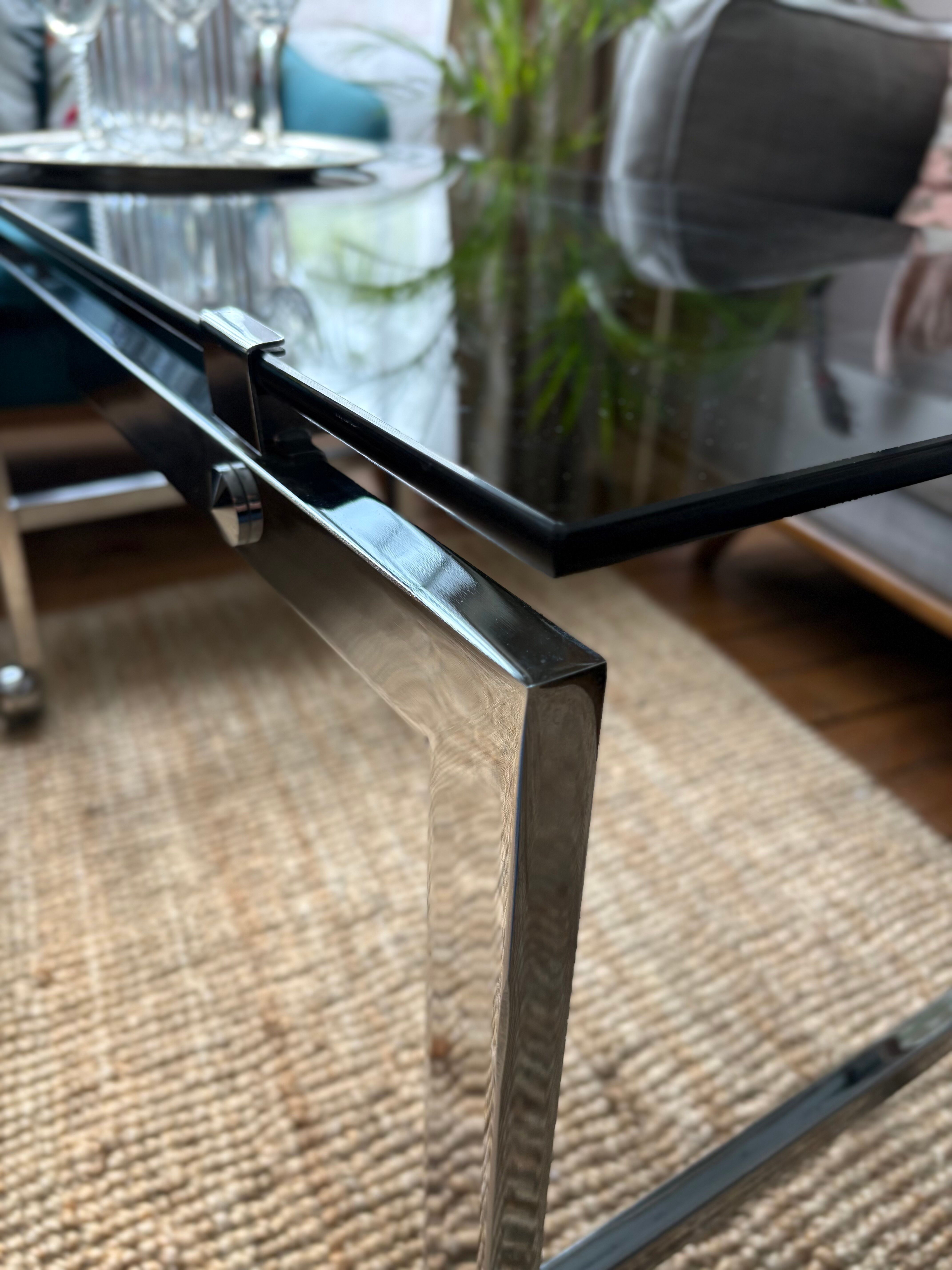 Chrome and smoked glass coffee table on wheels 1970
