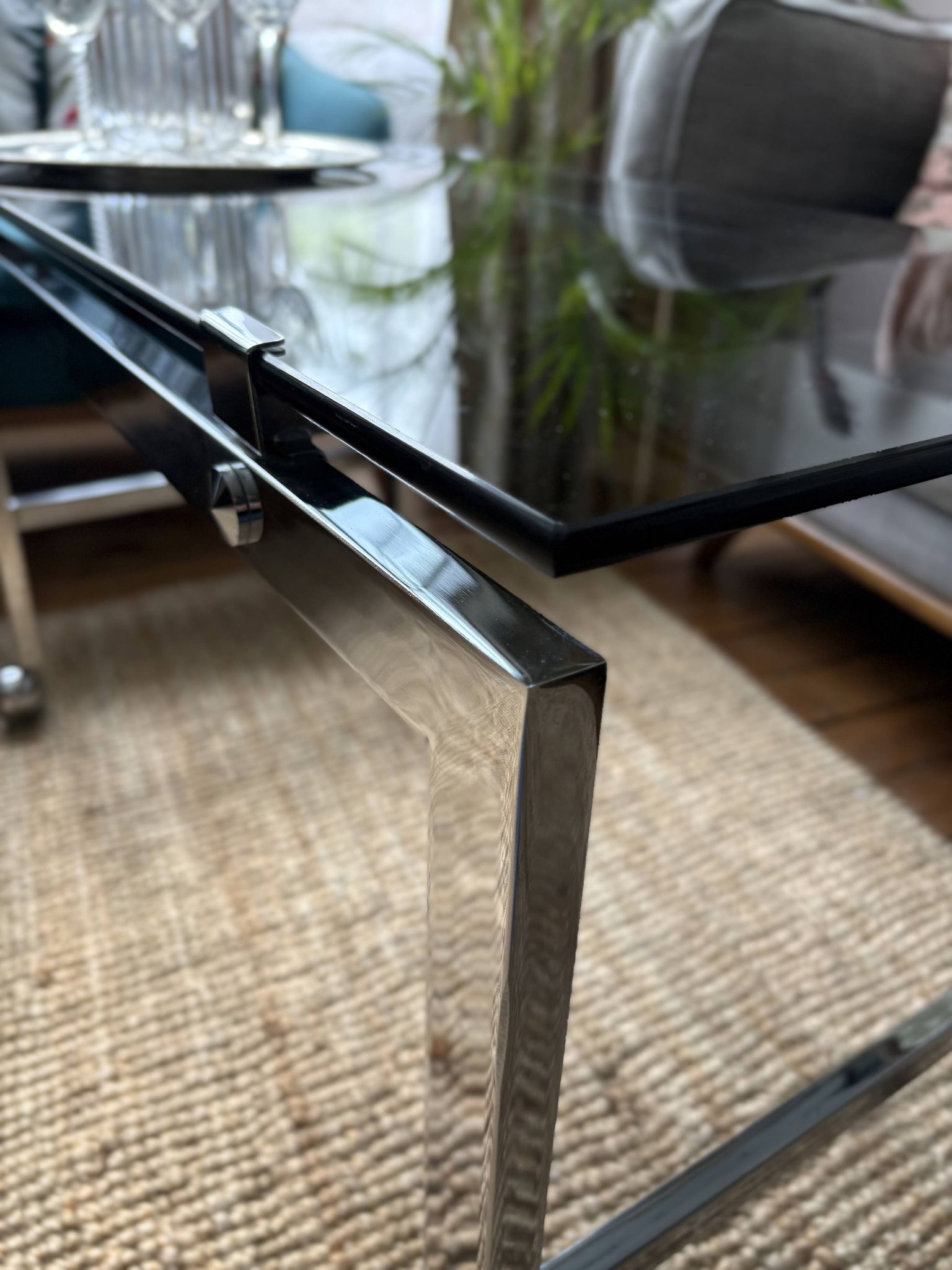 Chrome and smoked glass coffee table on wheels 1970