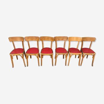 Serie de 6 chaises bistrot assise skai rouge bois clair