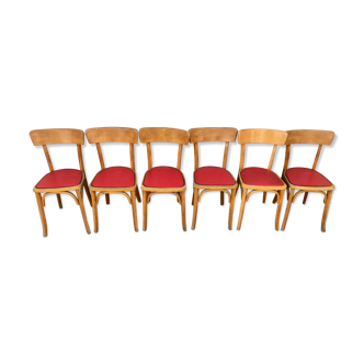 Serie de 6 chaises bistrot assise skai rouge bois clair