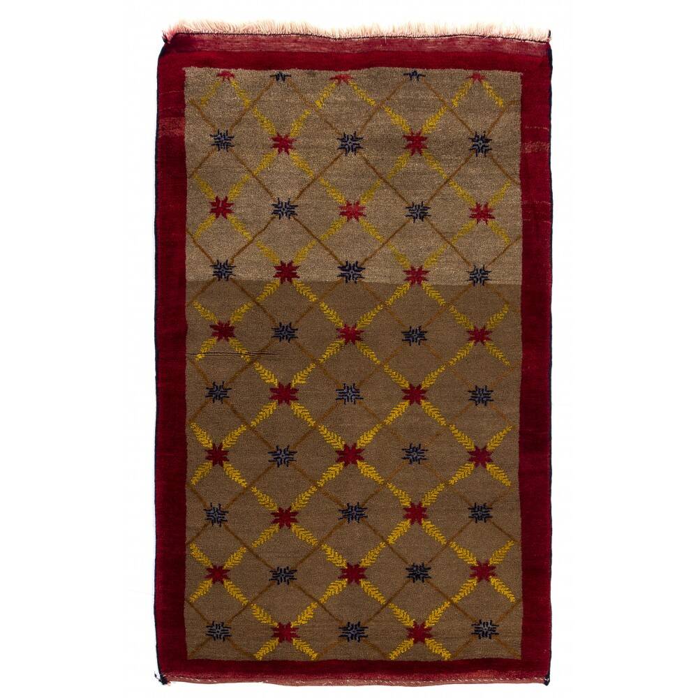 Vintage Hand-Knotted Turkish Karapinar Rug with Lattice Design in Brown, Red and Yellow, 100% Wool