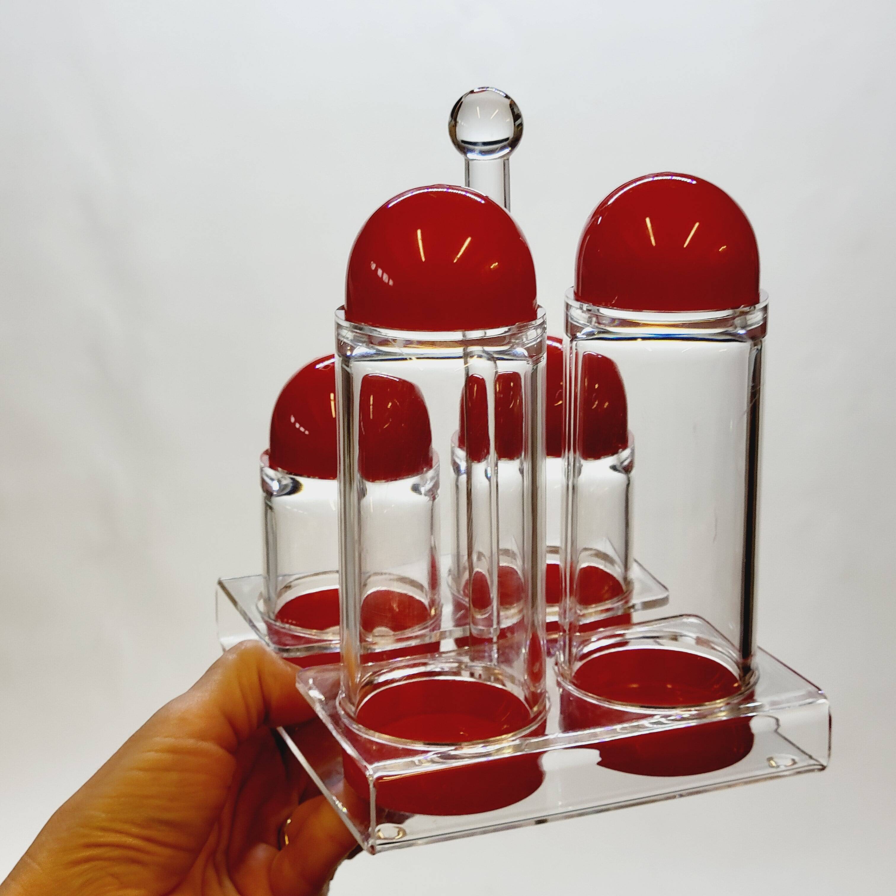 Condiment service oil vinegar salt pepper vintage plexi and red plastic