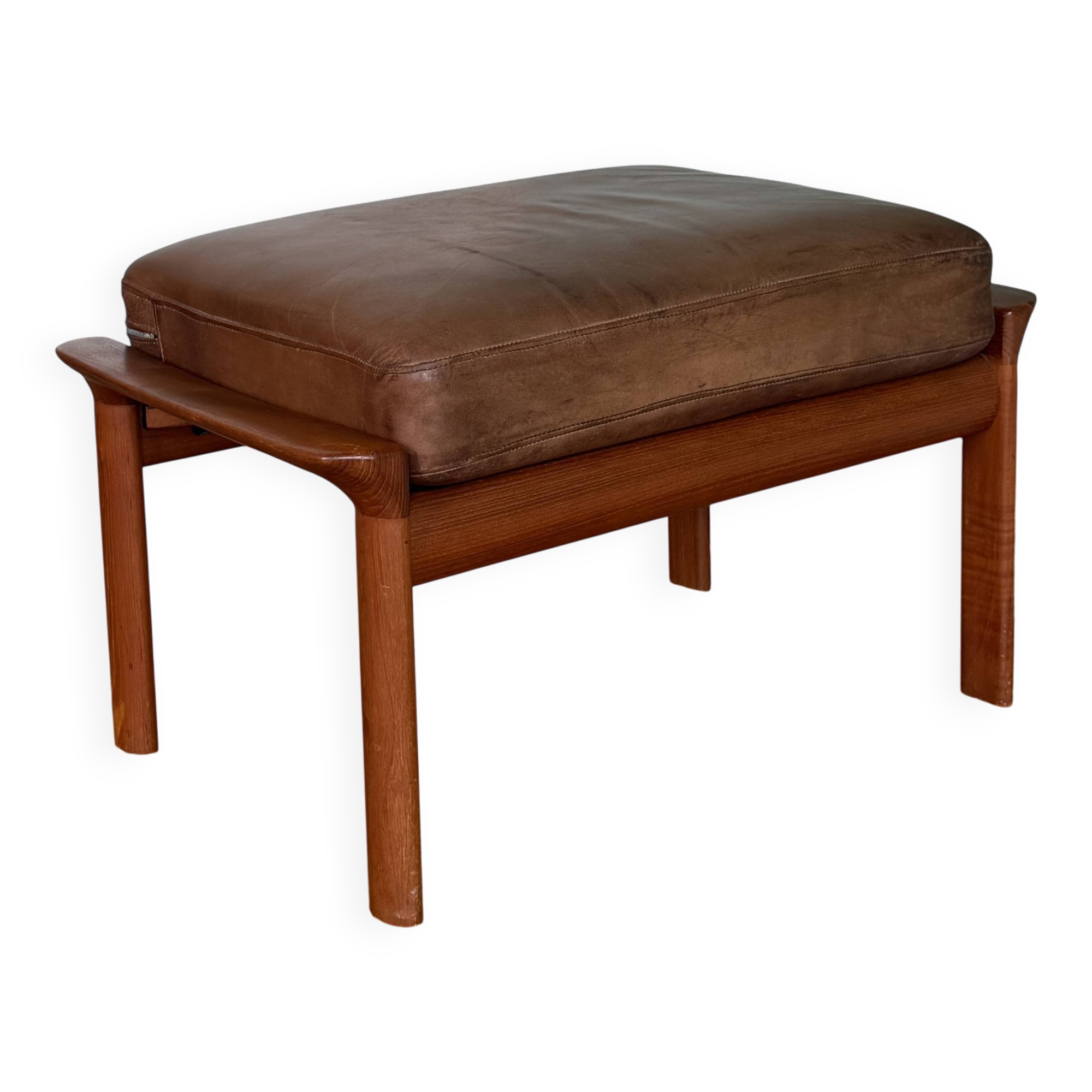 Ottoman tabouret teck et cuir scandinave vintage