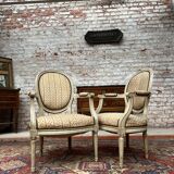 Pair of Armchairs with Back Medallion Lacquered Wood Louis XVI Style XIX Century