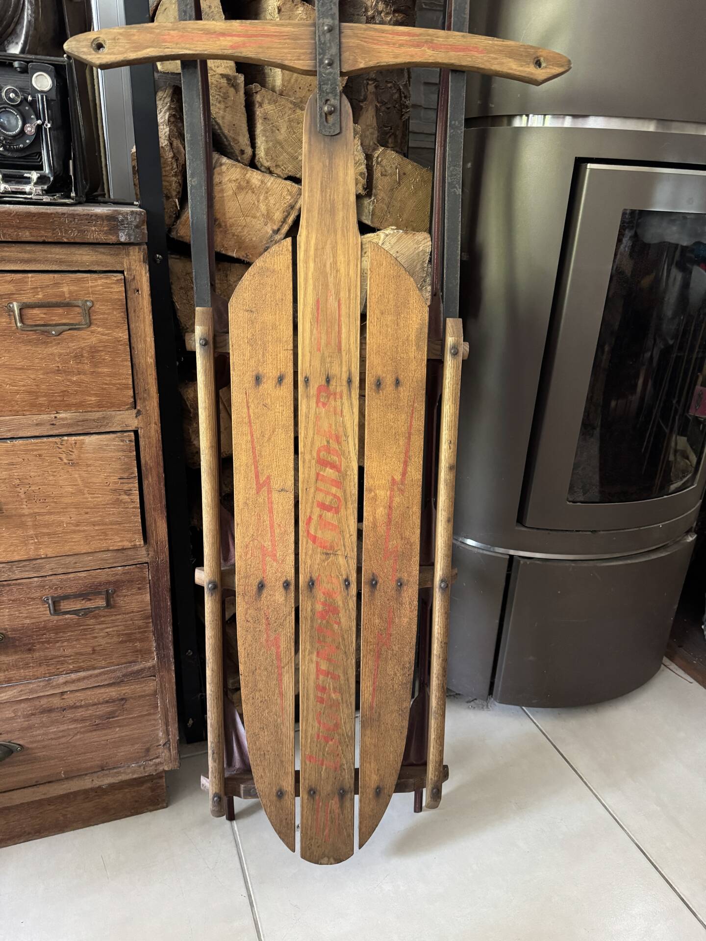 Vintage American sled in wood and metal - 1950s