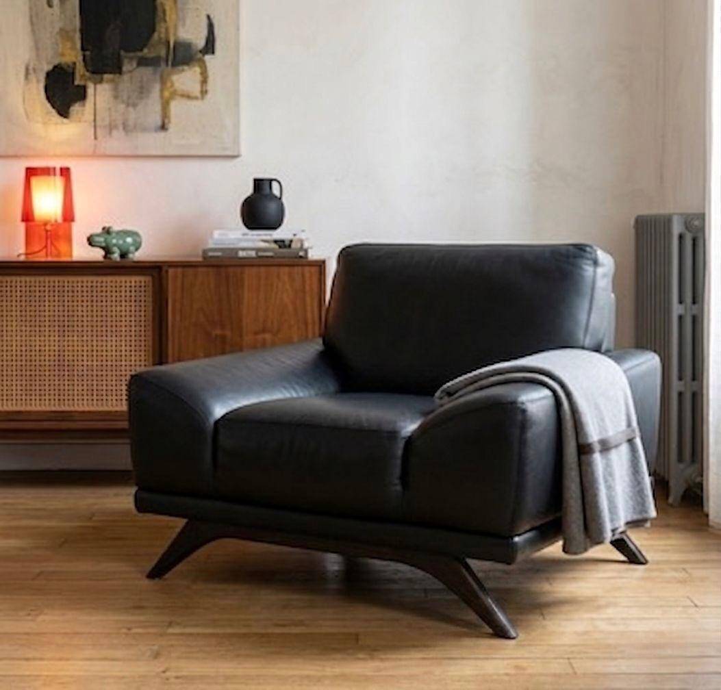 2-seater sofa set + Roche Bobois leather armchair — wooden legs