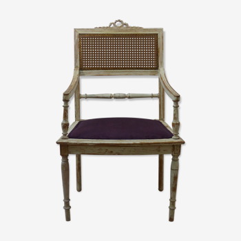 Fauteuil style Louis XVI dos canné et assise en suédine