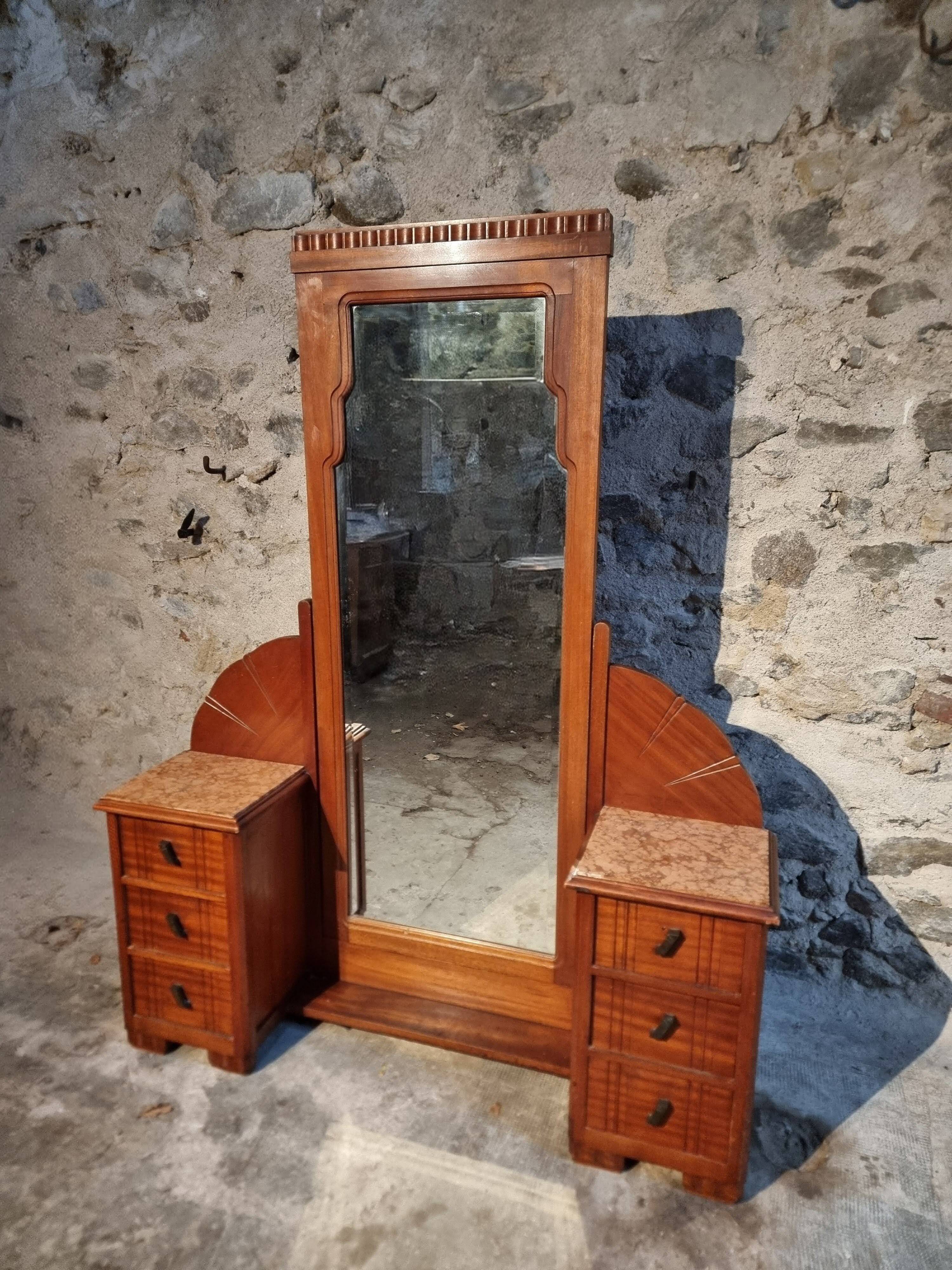Art Deco mahogany dressing table with bevelled tilting mirror, France, 1920s–1930s.