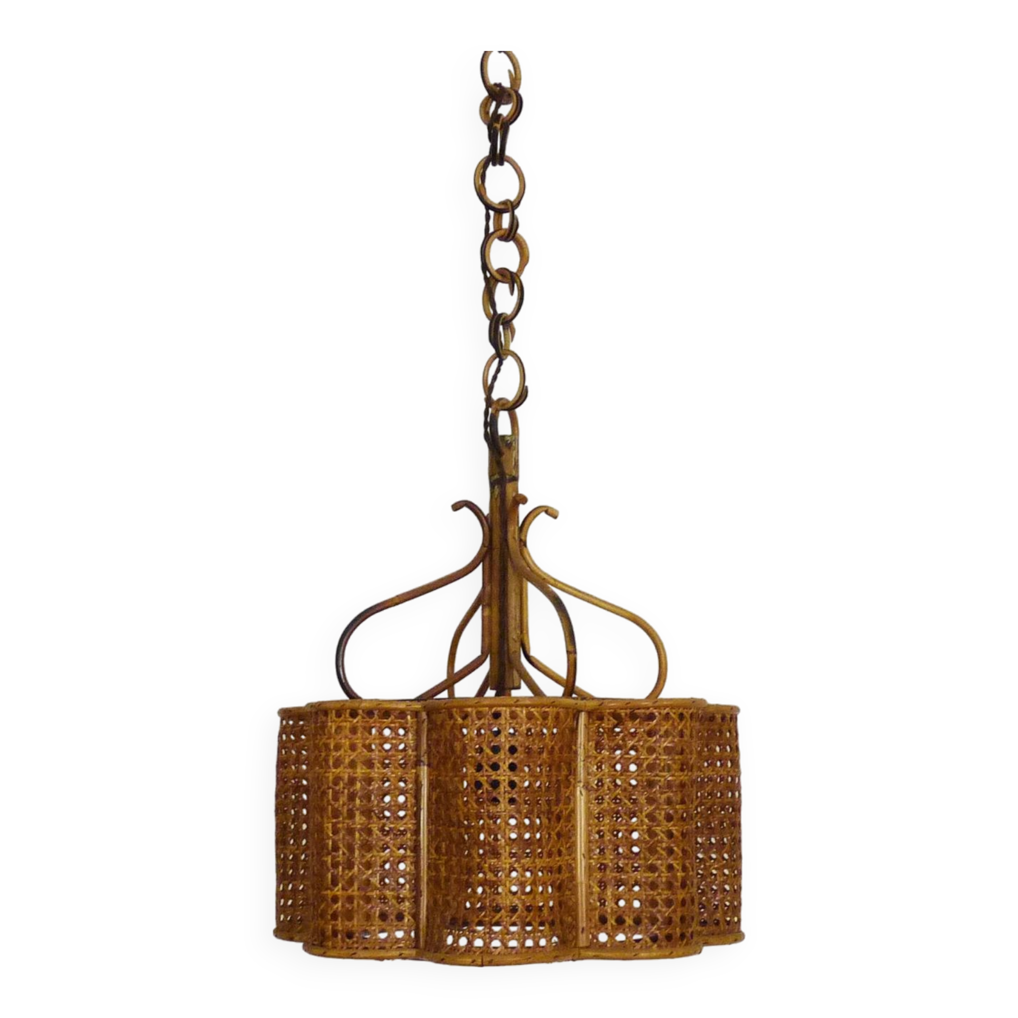 Ancienne suspension en rotin et cannage. Vintage années 60 70