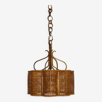 Old rattan and cane pendant light. Vintage 60s 70s