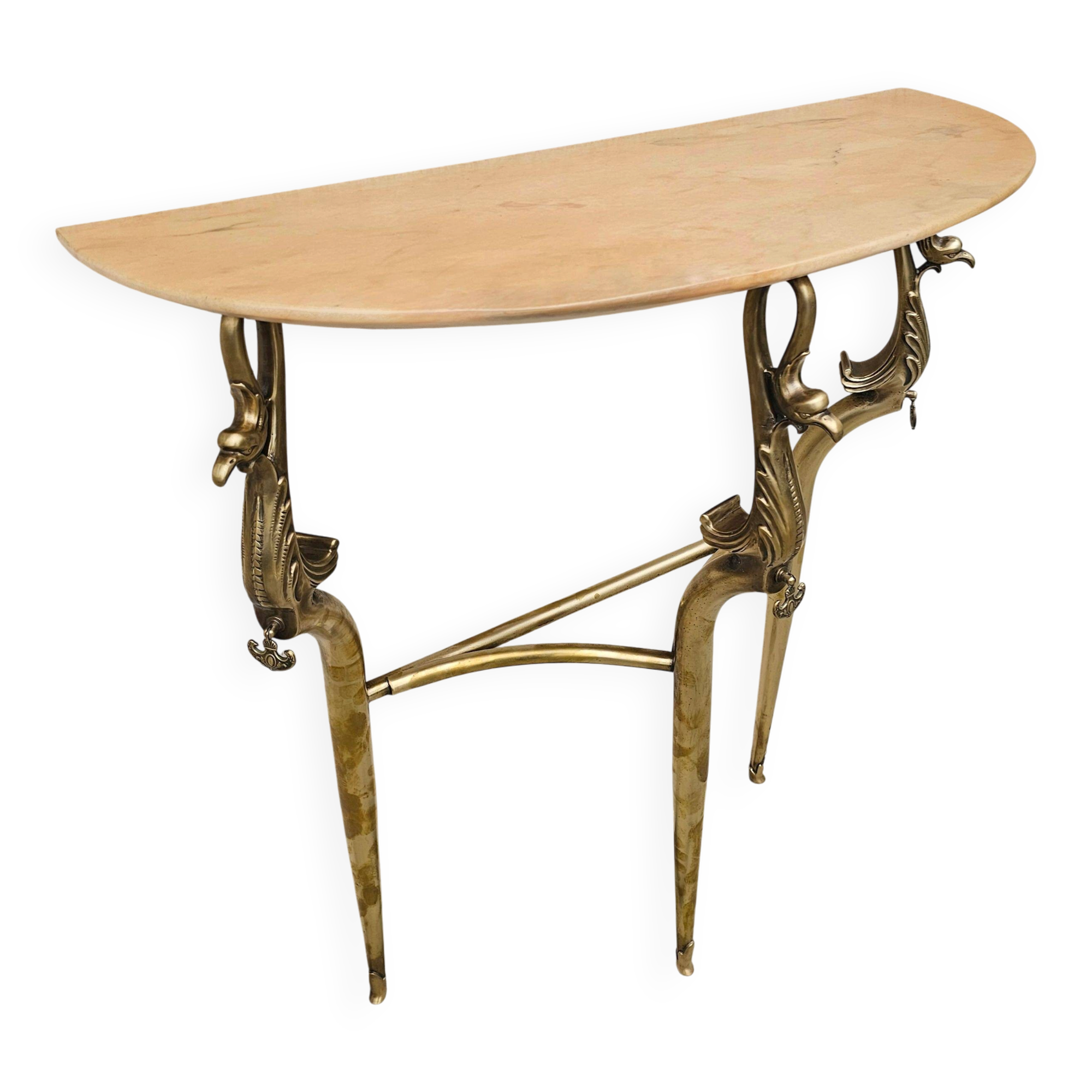 Table console Hollywood Regency en laiton avec dessus en marbre semi-circulaire années 1950