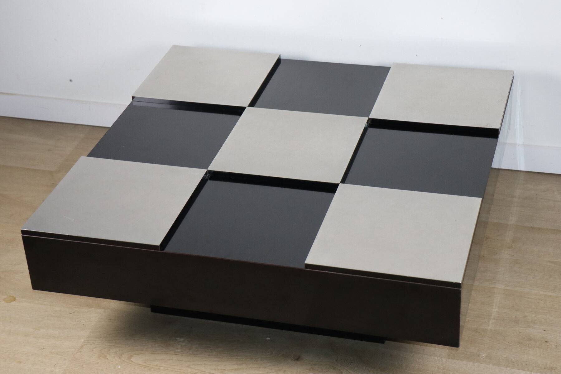 Vintage coffee table in lacquered wood and aluminium - 1970s
