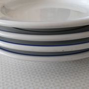 3 Pillivuyt white porcelain dinner plates with blue edging.