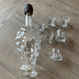 Glass bottle in relief cluster shape + 6 small glasses new