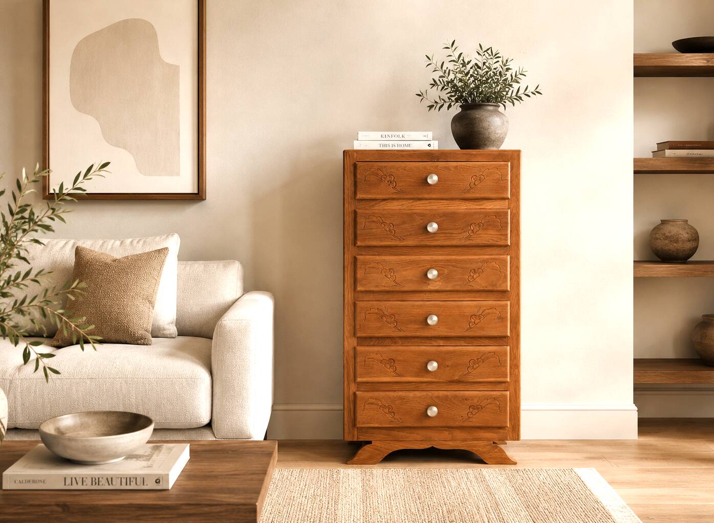 Art Deco chest of drawers with 6 oak drawers, claw feet, 1930s/40s.