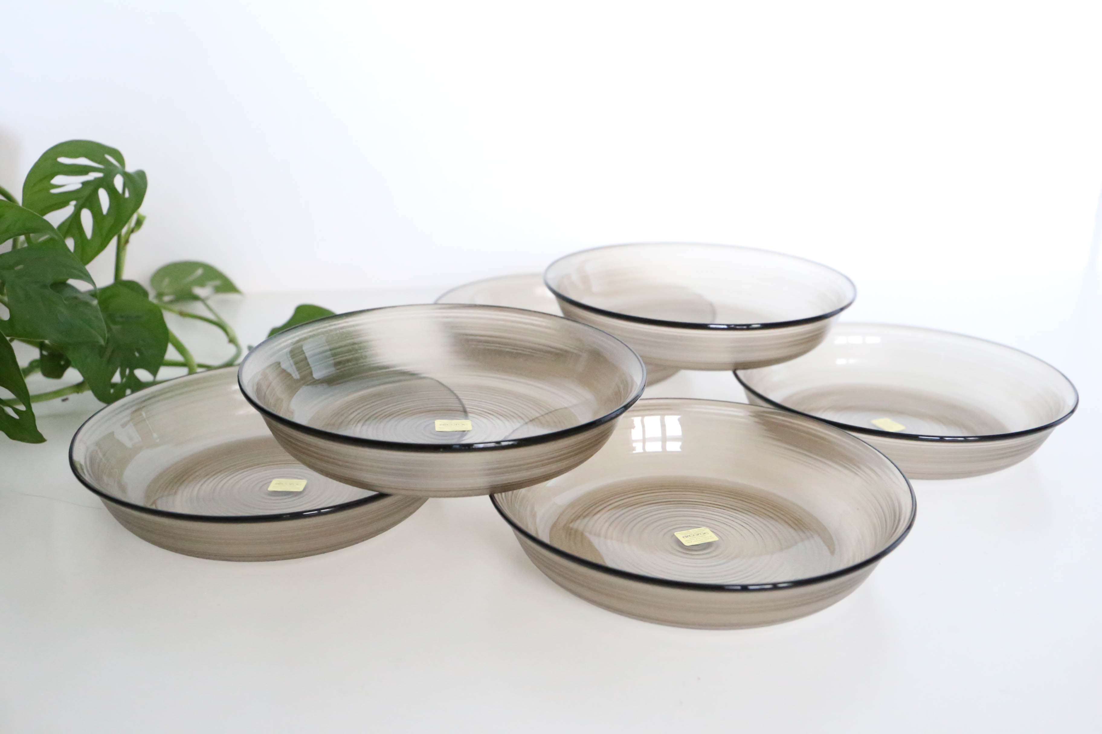 Set of 6 hollow plates Arcoroc, in gray smoked glass, vintage French