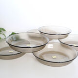 Set of 6 hollow plates Arcoroc, in gray smoked glass, vintage French