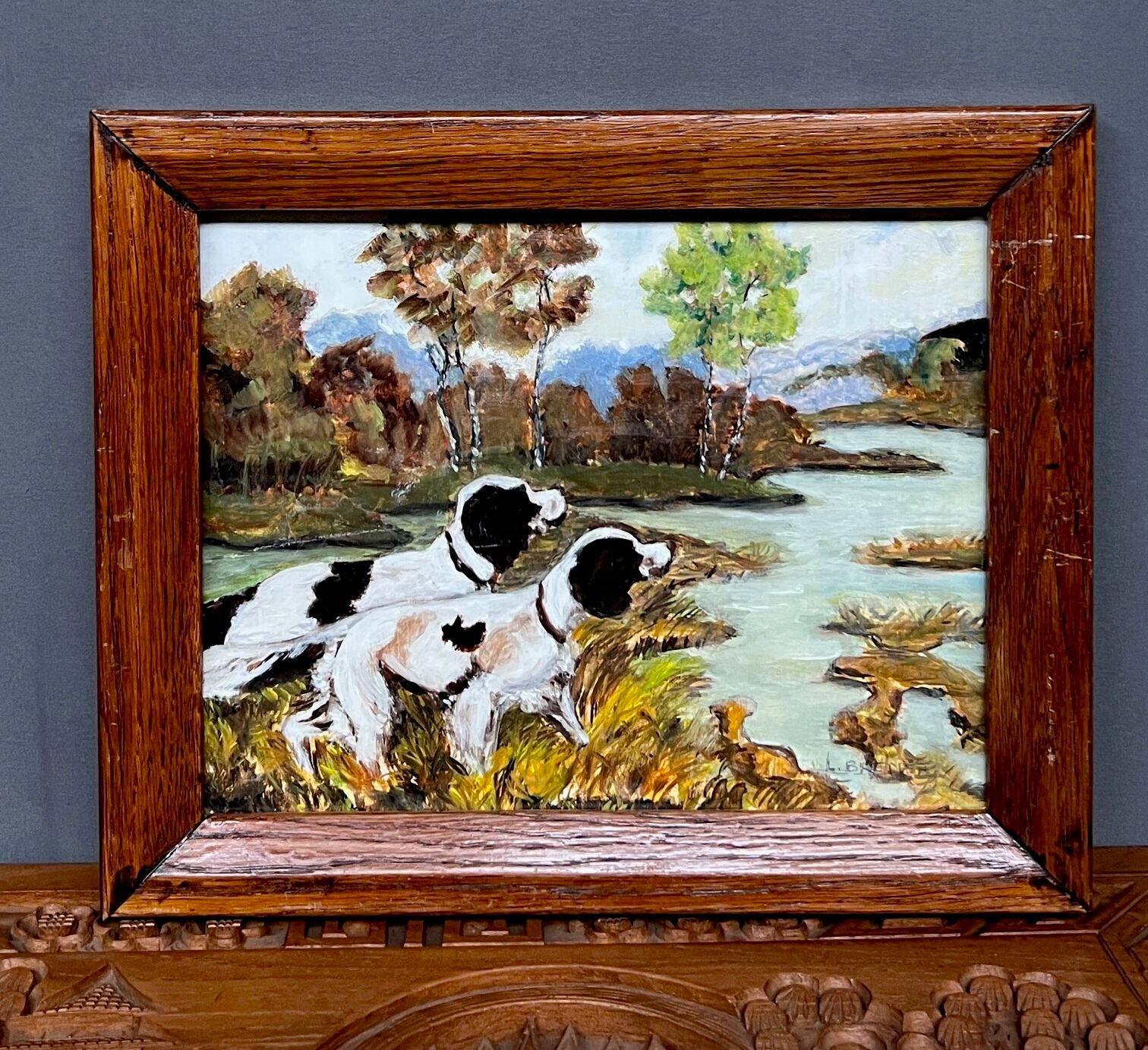 "Dogs on the hunt". Signature. Oil on panel.