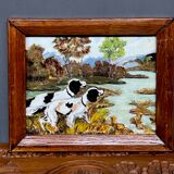 "Dogs on the hunt". Signature. Oil on panel.