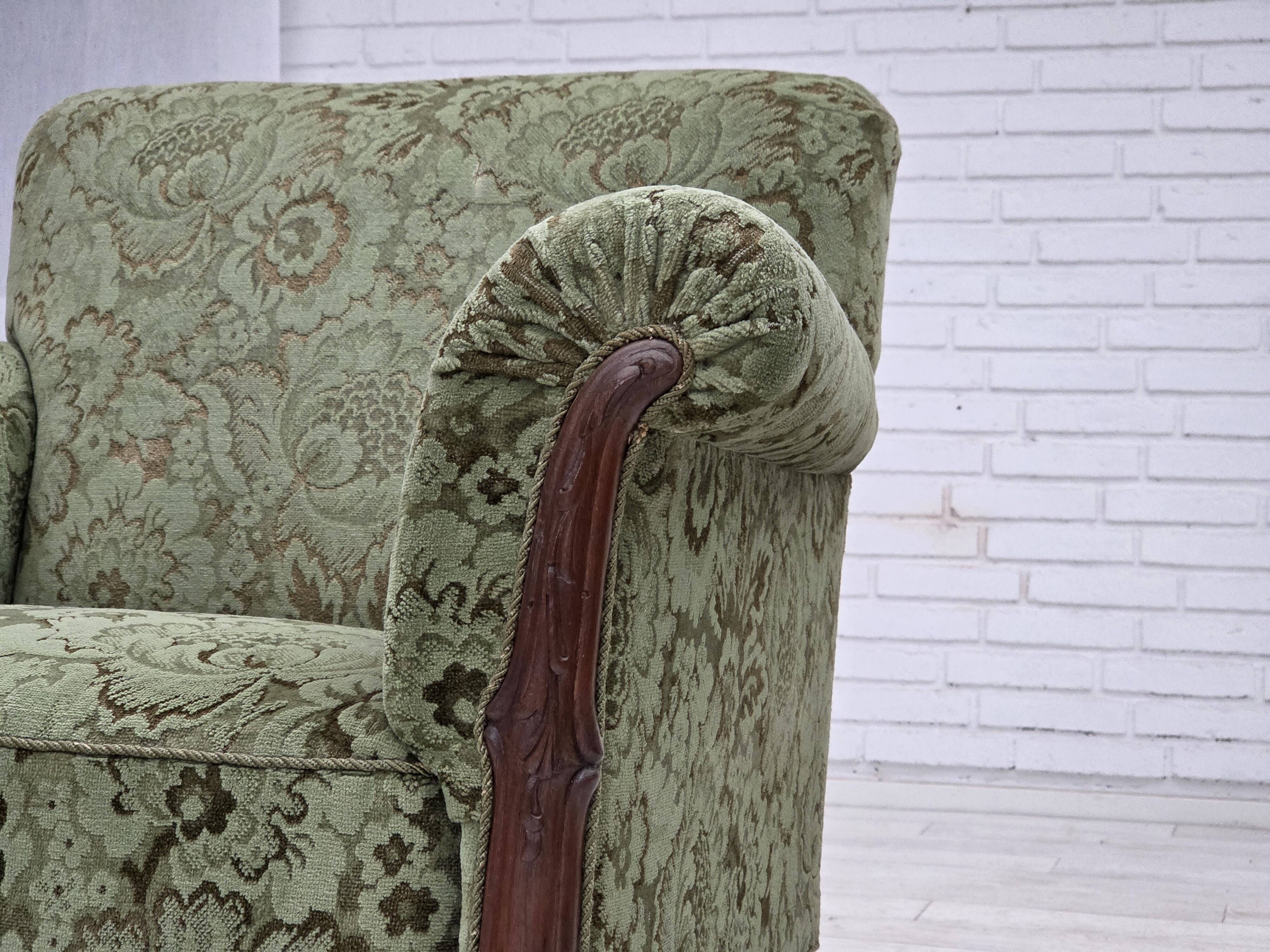1950s, Danish armchair, green furniture velour, carved oak wood.