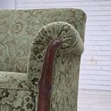 1950s, Danish armchair, green furniture velour, carved oak wood.